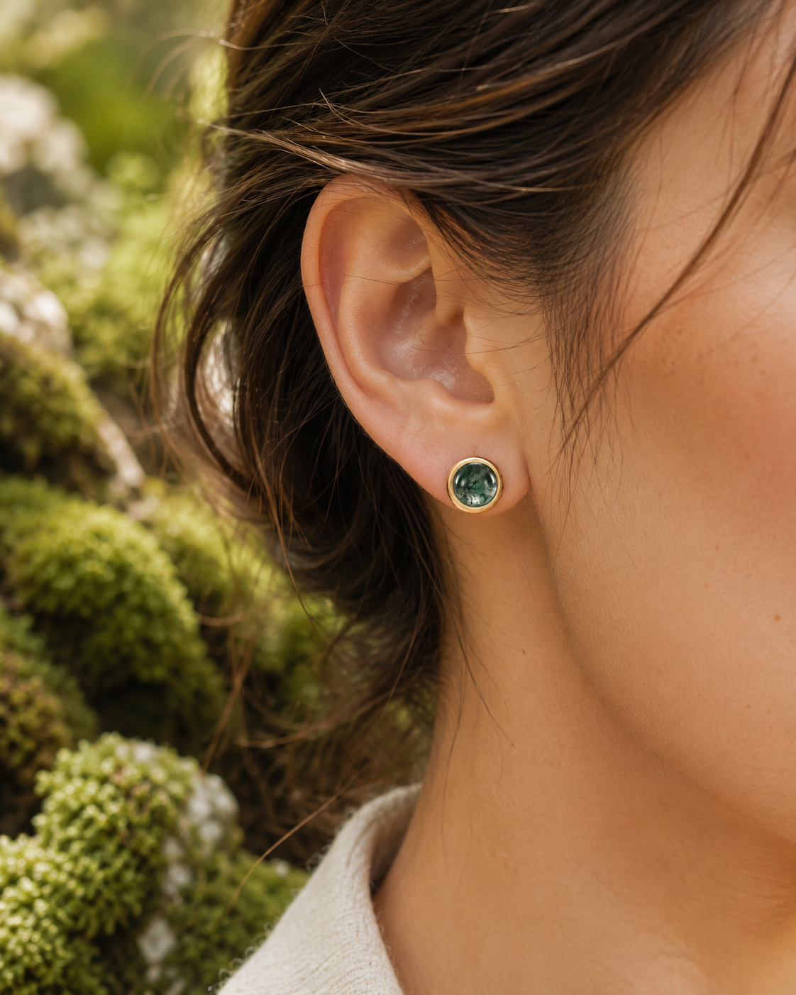 Moss Agate Cabochon Stud Earrings in 925 Sterling Silver