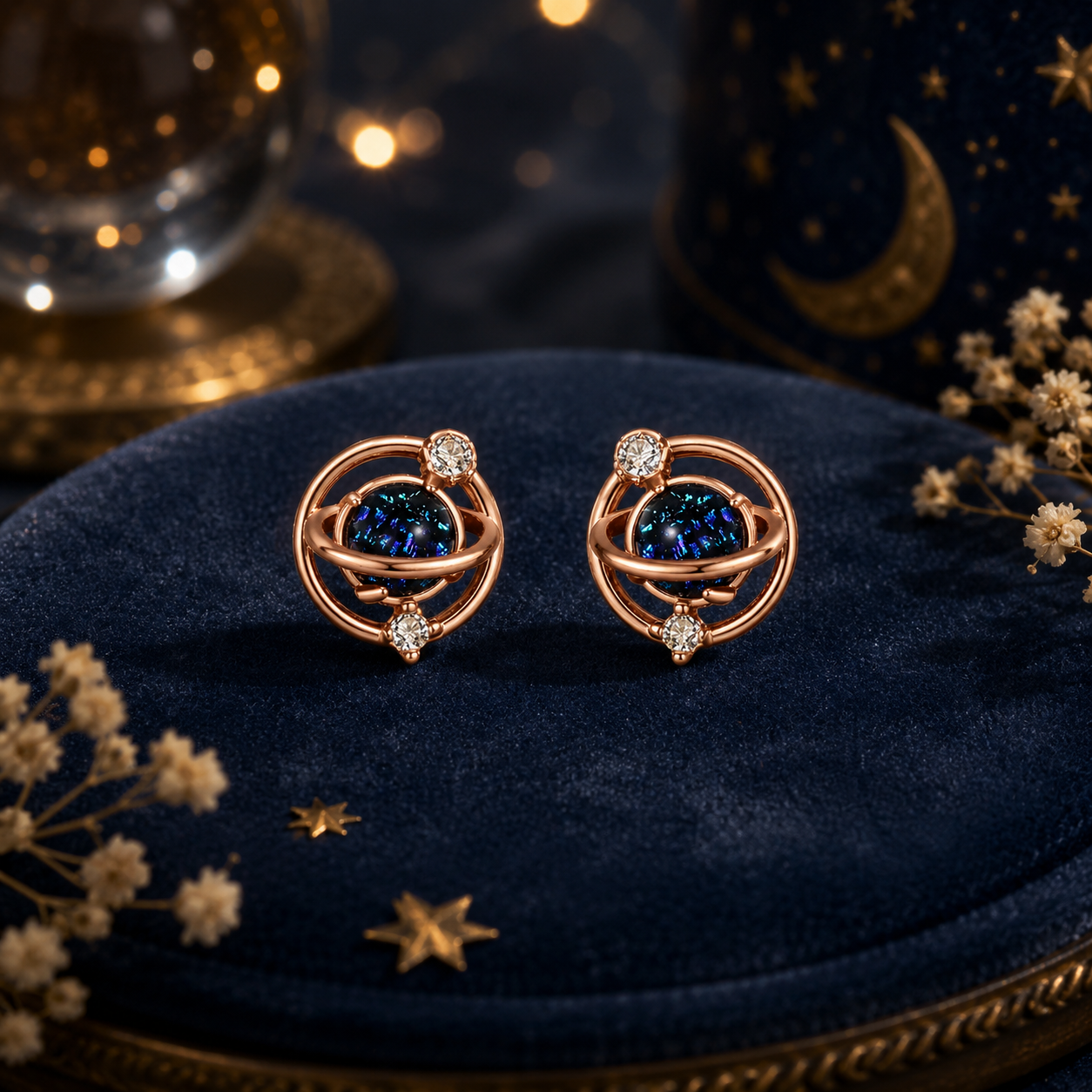 Planet Saturn Space Stud Earrings in Silver or Rose Gold