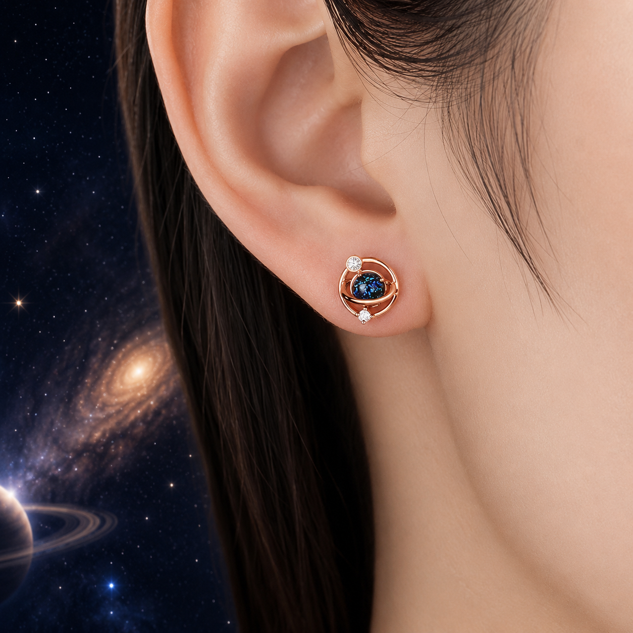 Planet Saturn Space Stud Earrings in Silver or Rose Gold