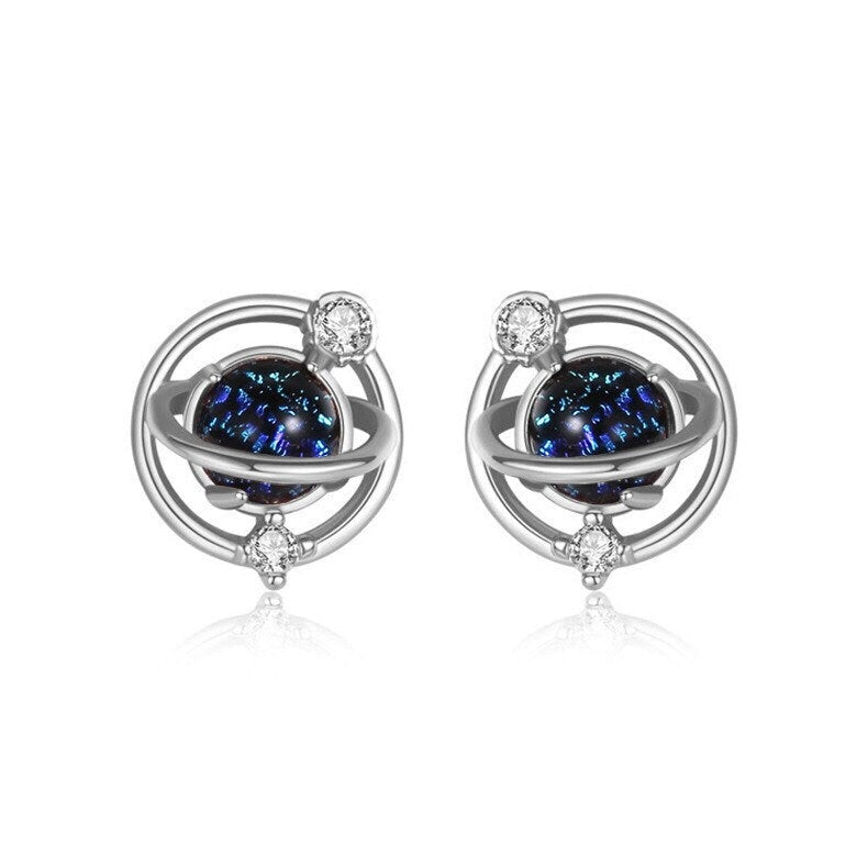 Planet Saturn Space Stud Earrings in Silver or Rose Gold
